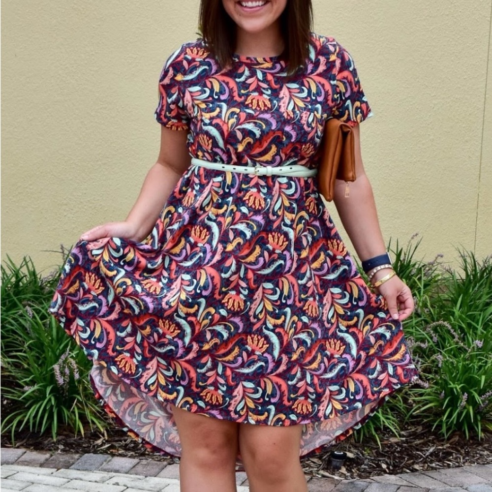 Brand New LuLaRoe XS Grey-Blue with Orange, Black & Goldenrod Floral Carly Dress - Picture 8 of 8
